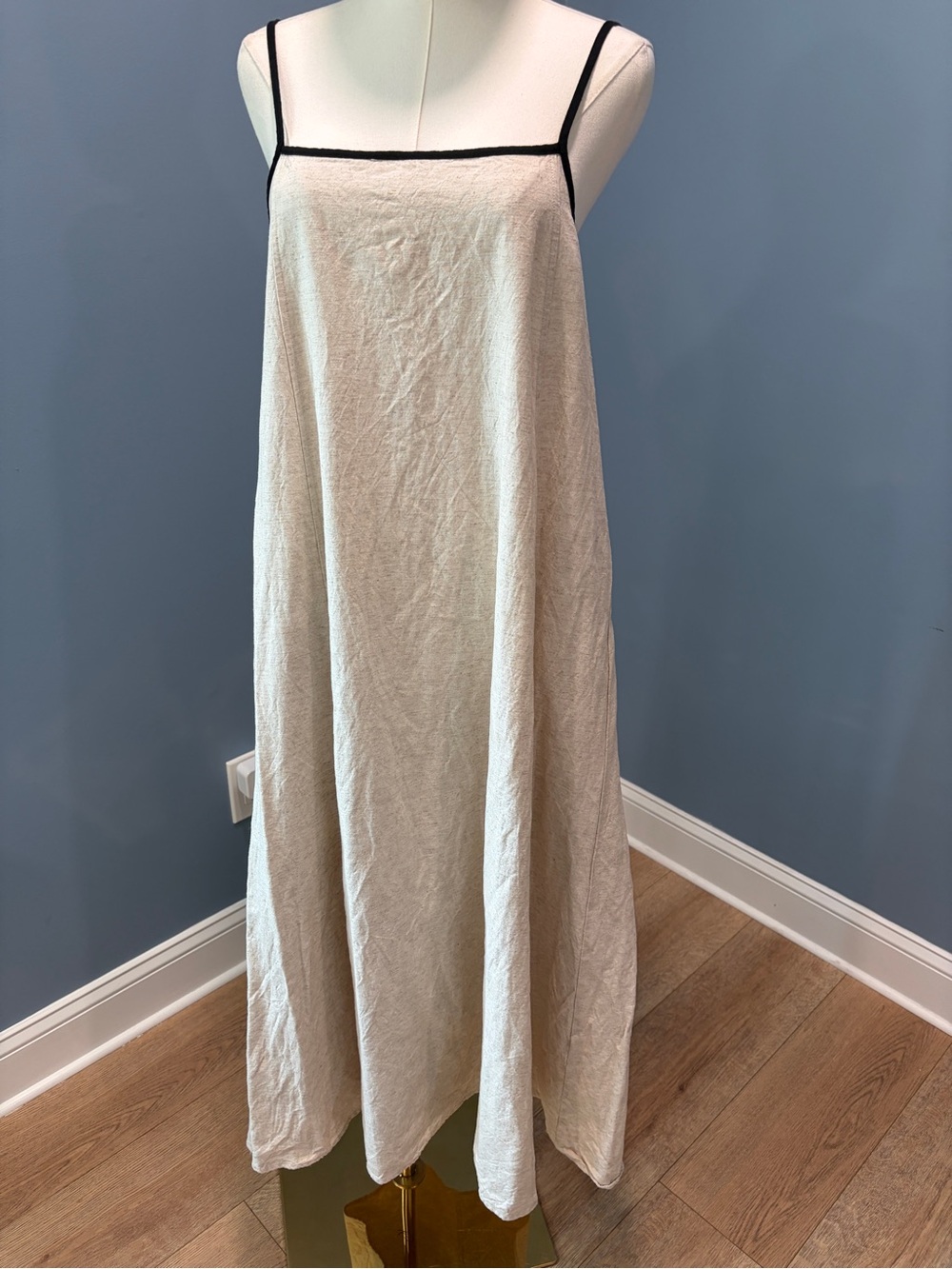 Senllen 100% Linen Maxi Dress Small Oatmeal Black Trim Coastal Minimalist